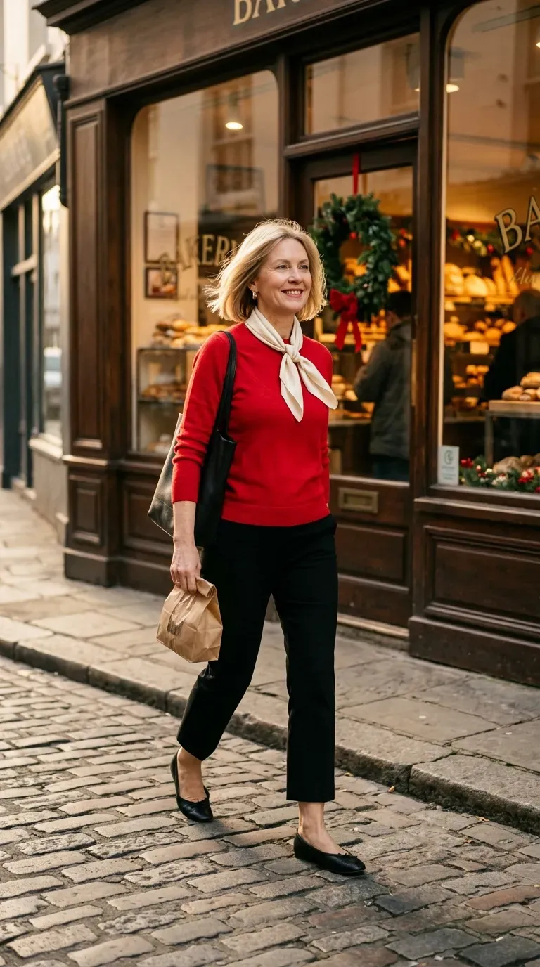 Woman over 50 in cherry red sweater, black cropped trousers and ballet flats near a bakery