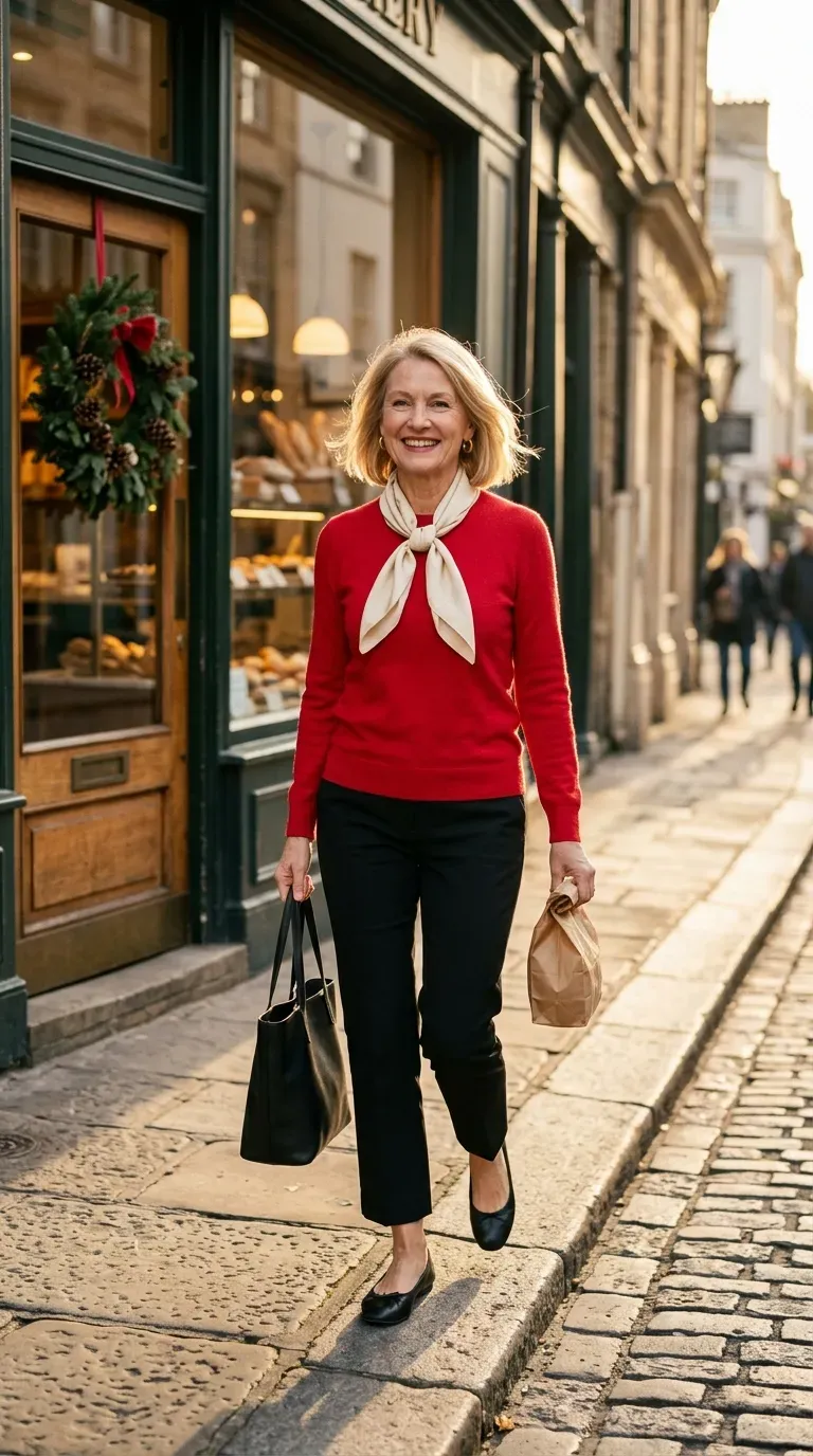 Woman over 50 in cherry red sweater, black trousers and ballet flats near a bakery