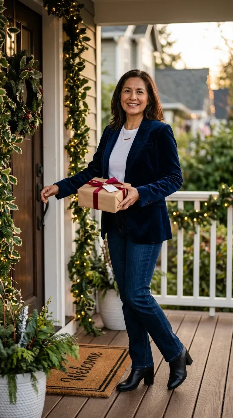 Woman over 50 in cherry red sweater, black trousers and black loafers at a Christmas family visit