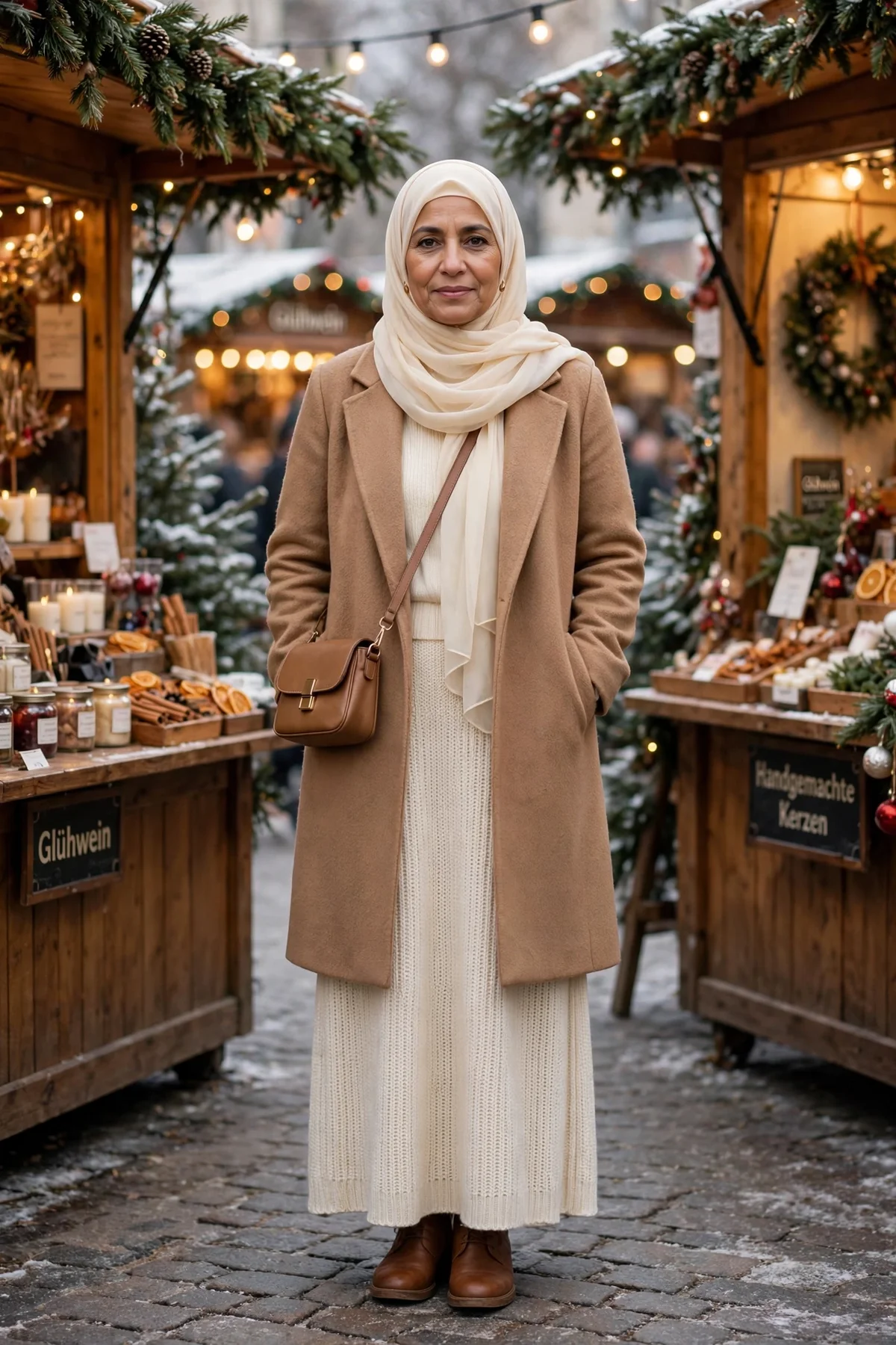 Woman in camel coat, cream knit skirt and hijab at a Christmas market, one of many Christmas outfits