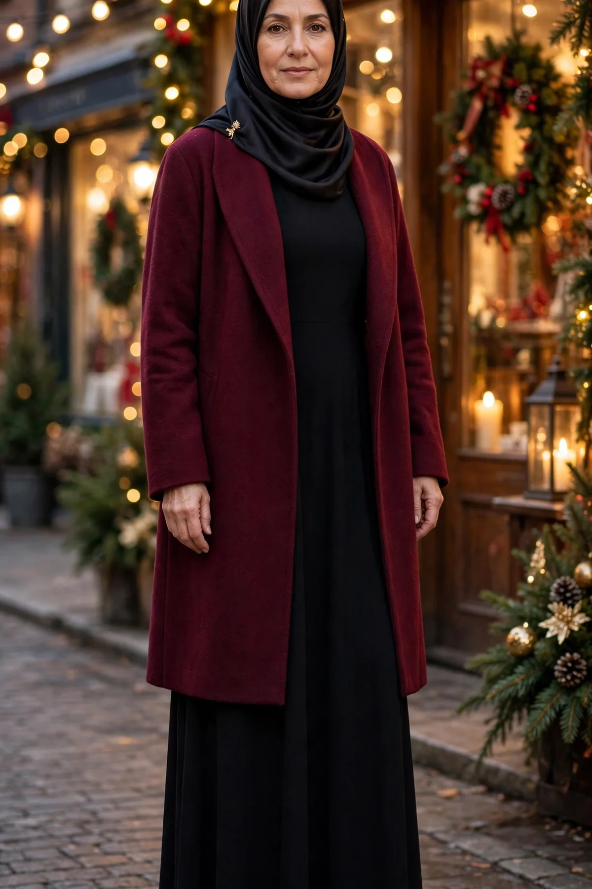 Elegant hijabi woman in burgundy wrap coat and black maxi dress, a dressy Christmas outfit idea