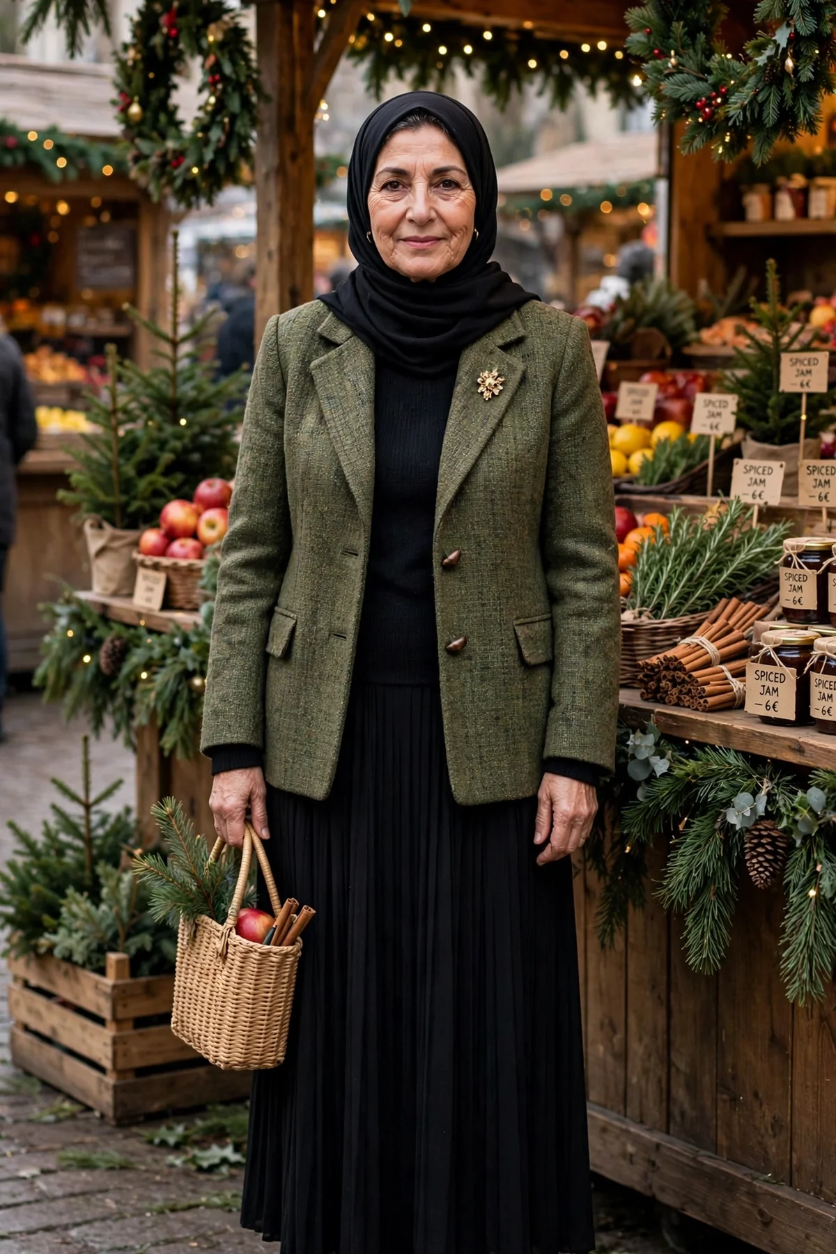 Woman in olive tweed jacket and black pleated maxi skirt at a Christmas farmers market