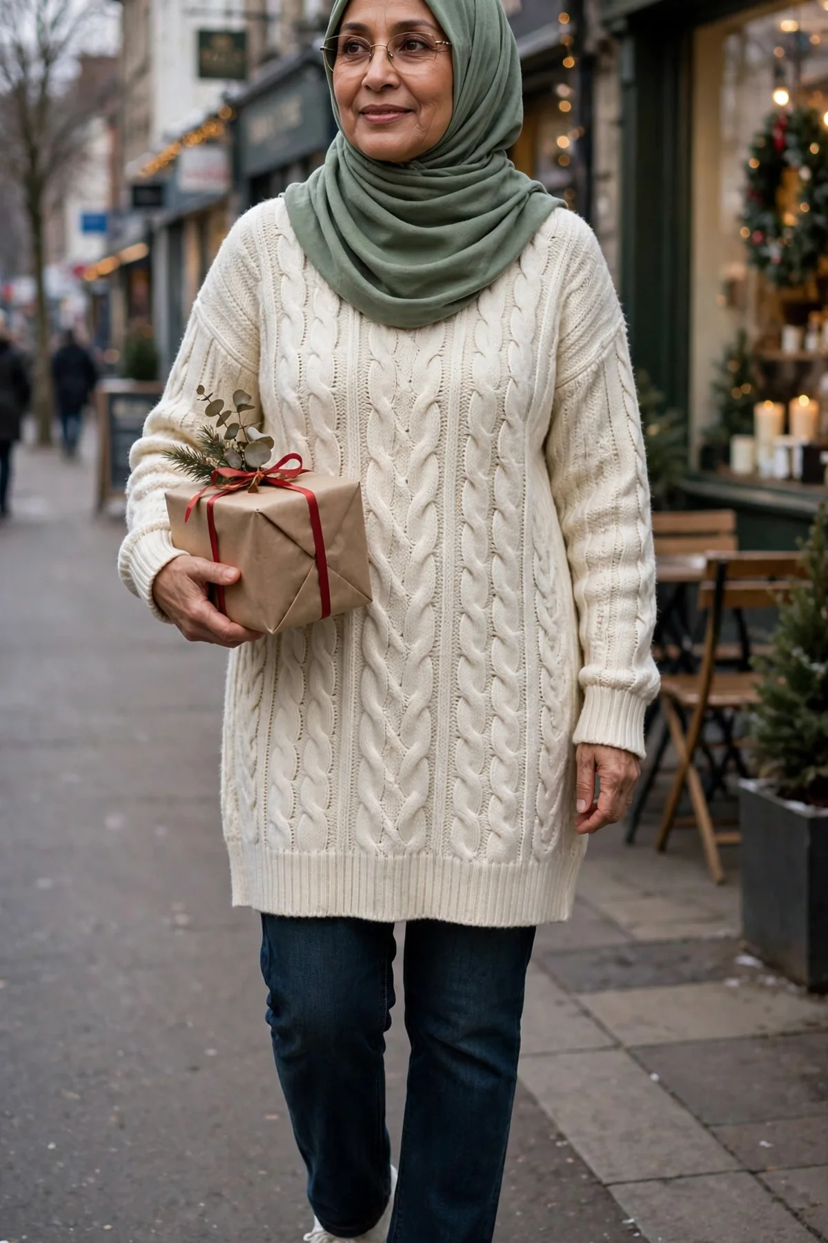 Woman in cream cable-knit tunic, dark jeans and sage hijab carrying a gift, casual Christmas outfit