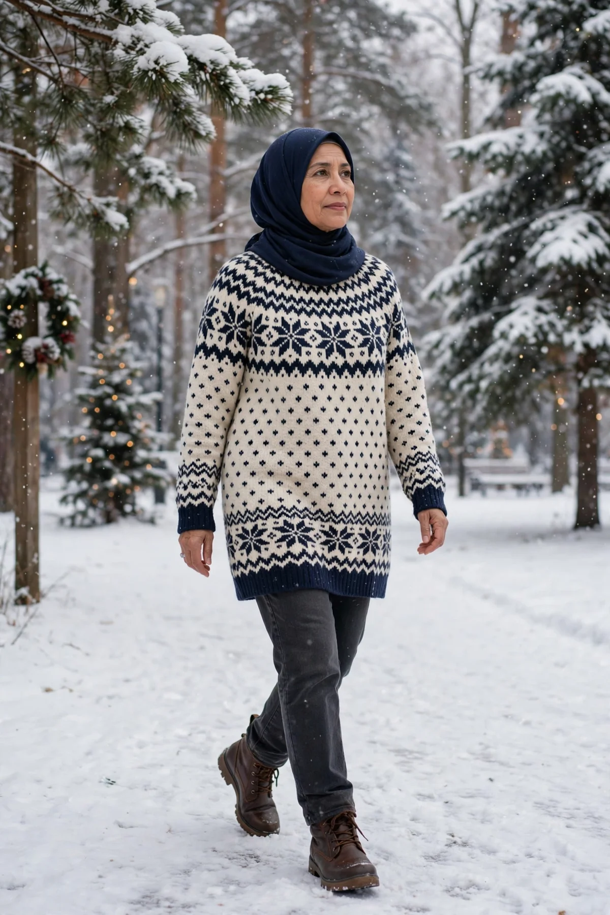 Hijabi woman in Fair Isle sweater and charcoal jeans walking a snowy park at Christmas
