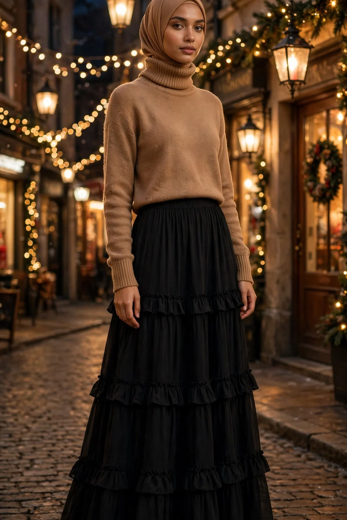 Hijabi woman in camel turtleneck and black tiered maxi skirt on a lantern-lit Christmas street