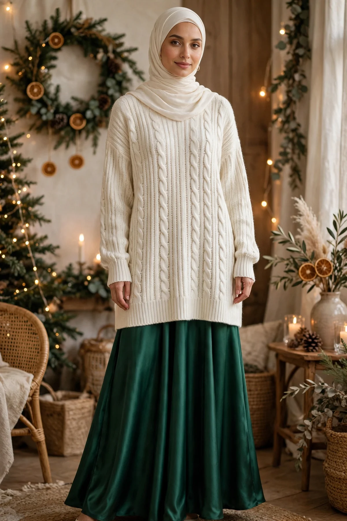 Woman in ivory tunic and emerald satin maxi skirt with hijab, a chic Christmas outfit