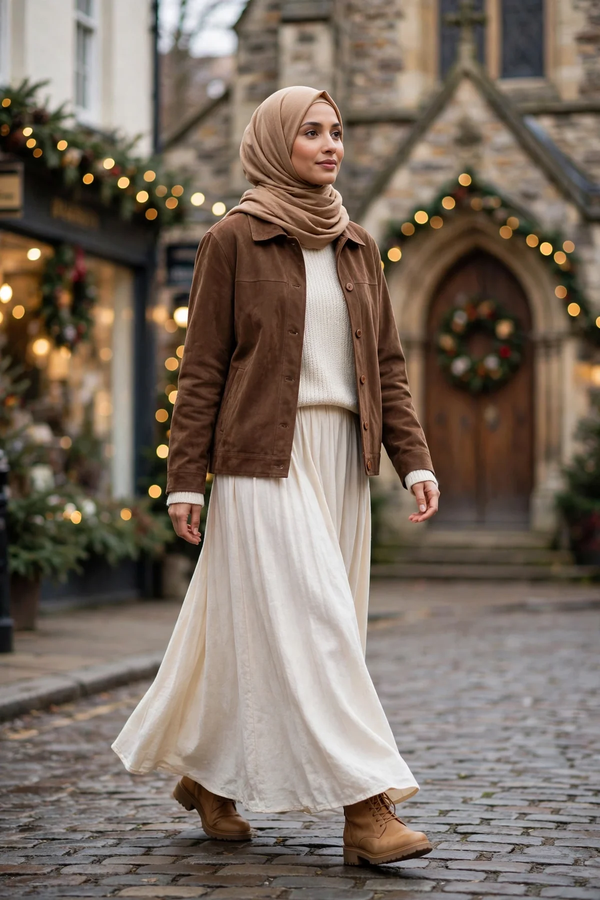 Hijabi woman in brown suede jacket and cream maxi skirt walking near a church at Christmas