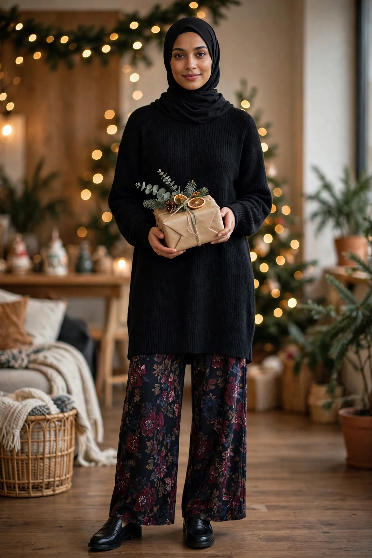 Woman in dark floral wide-leg pants and black tunic sweater with hijab holding a gift