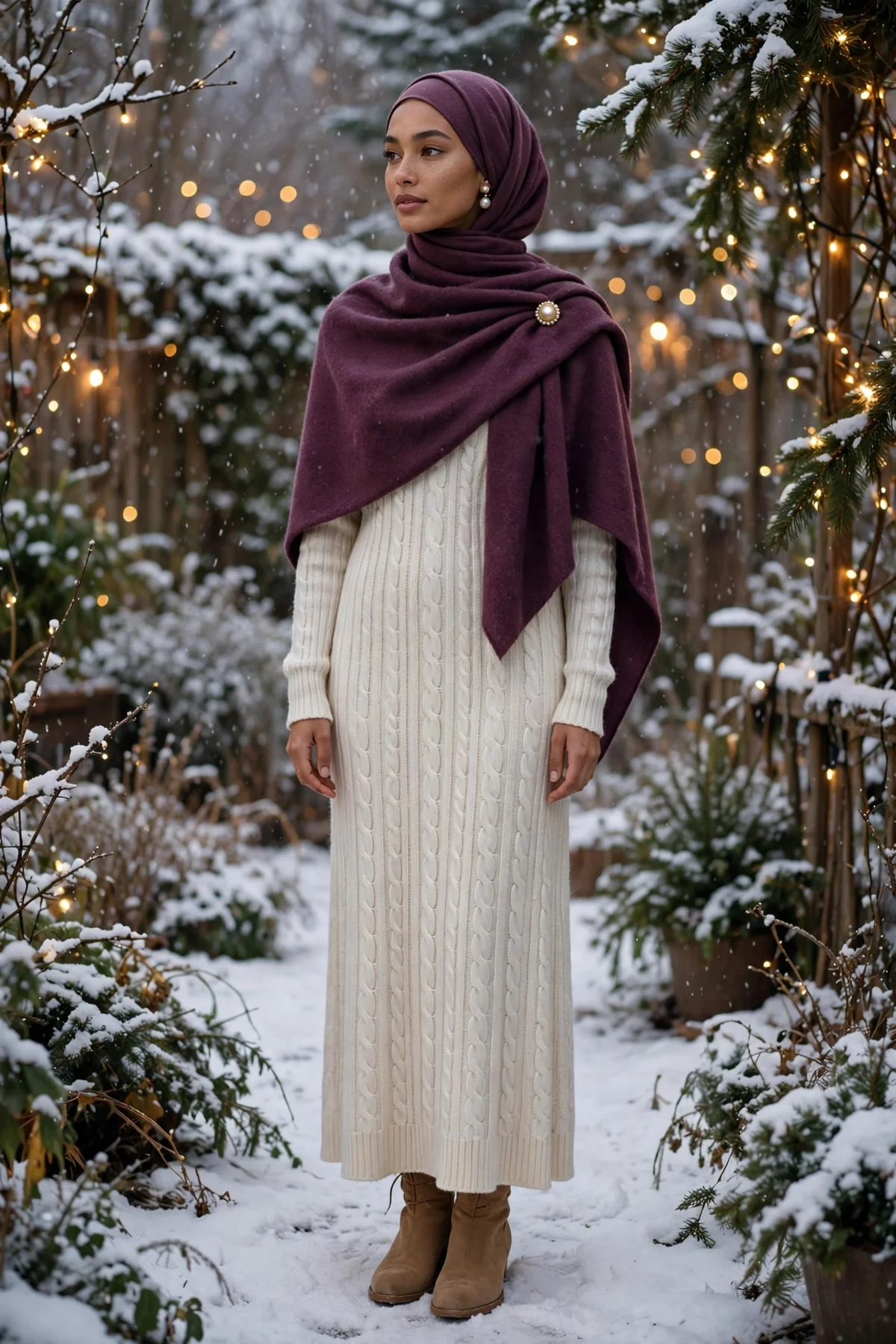 Hijabi woman in ivory knit maxi dress with plum shawl and hijab in a snowy fairy-lit garden