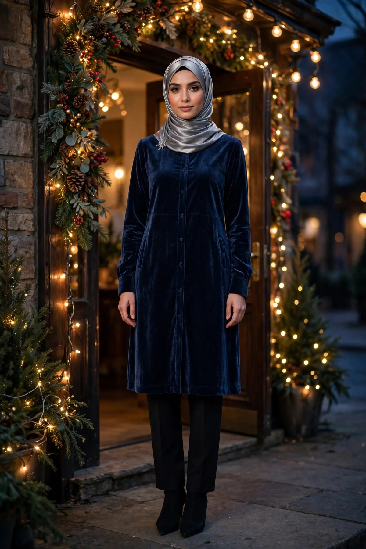 Woman in navy velvet tunic dress over black trousers with silver hijab at a festive doorway