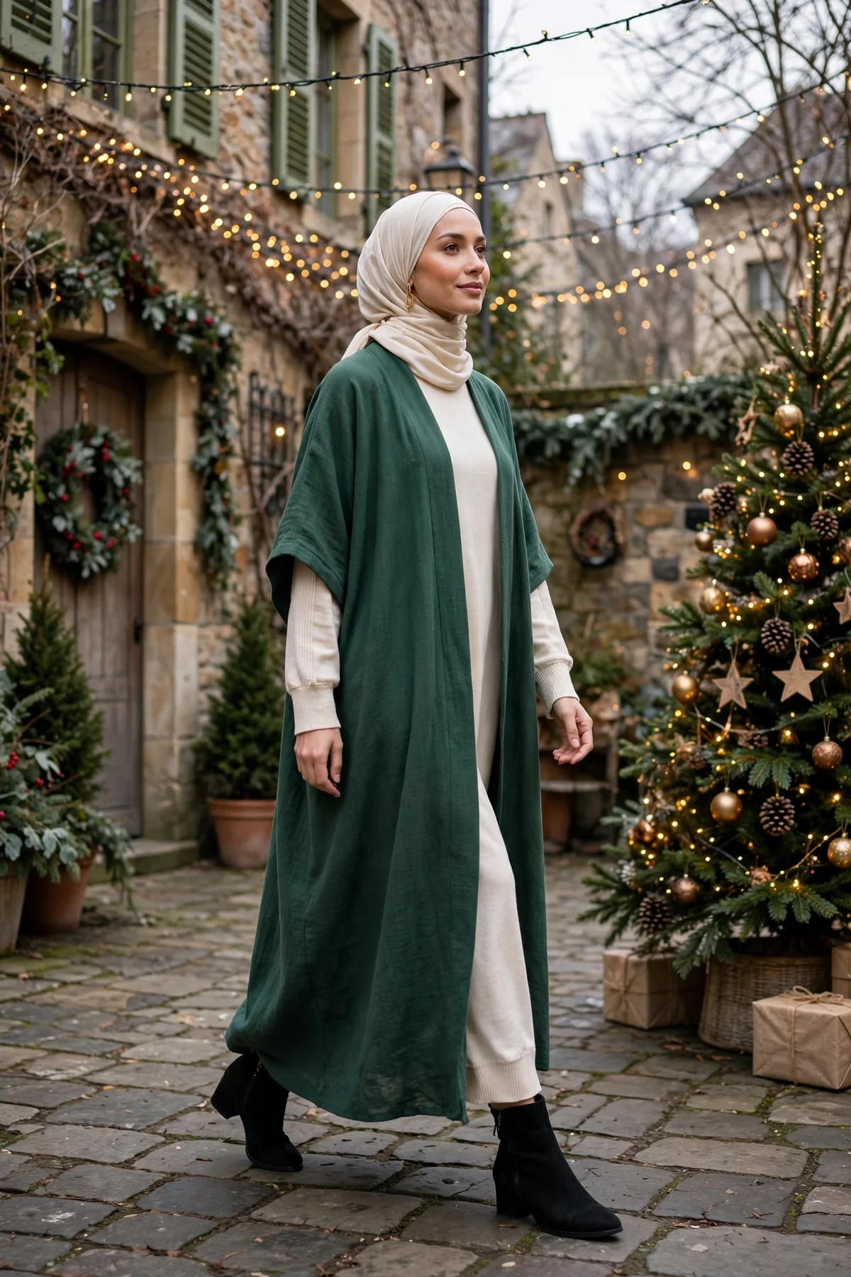 Hijabi woman in forest green open abaya and cream tunic strolling a Christmas courtyard