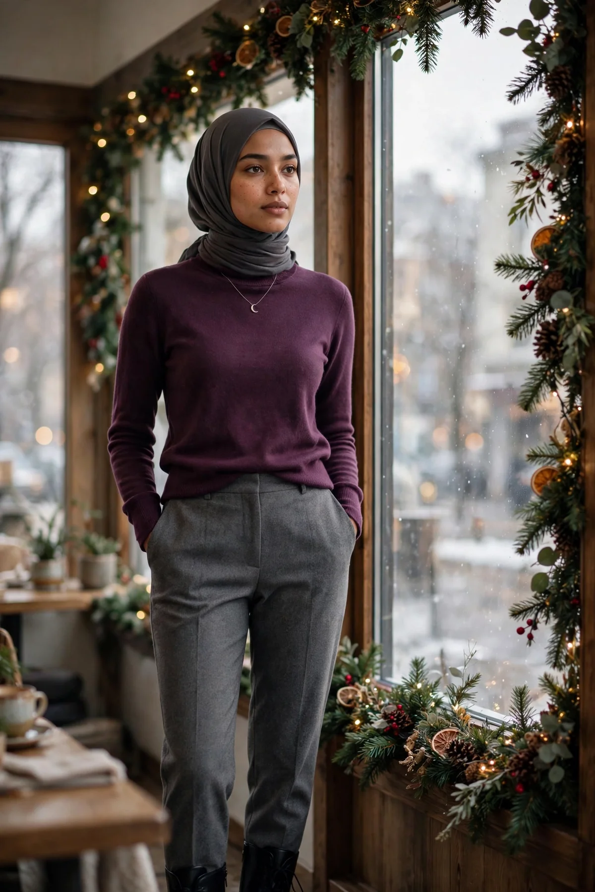 Woman in plum turtleneck and grey wool trousers with charcoal hijab by a cafe window at Christmas