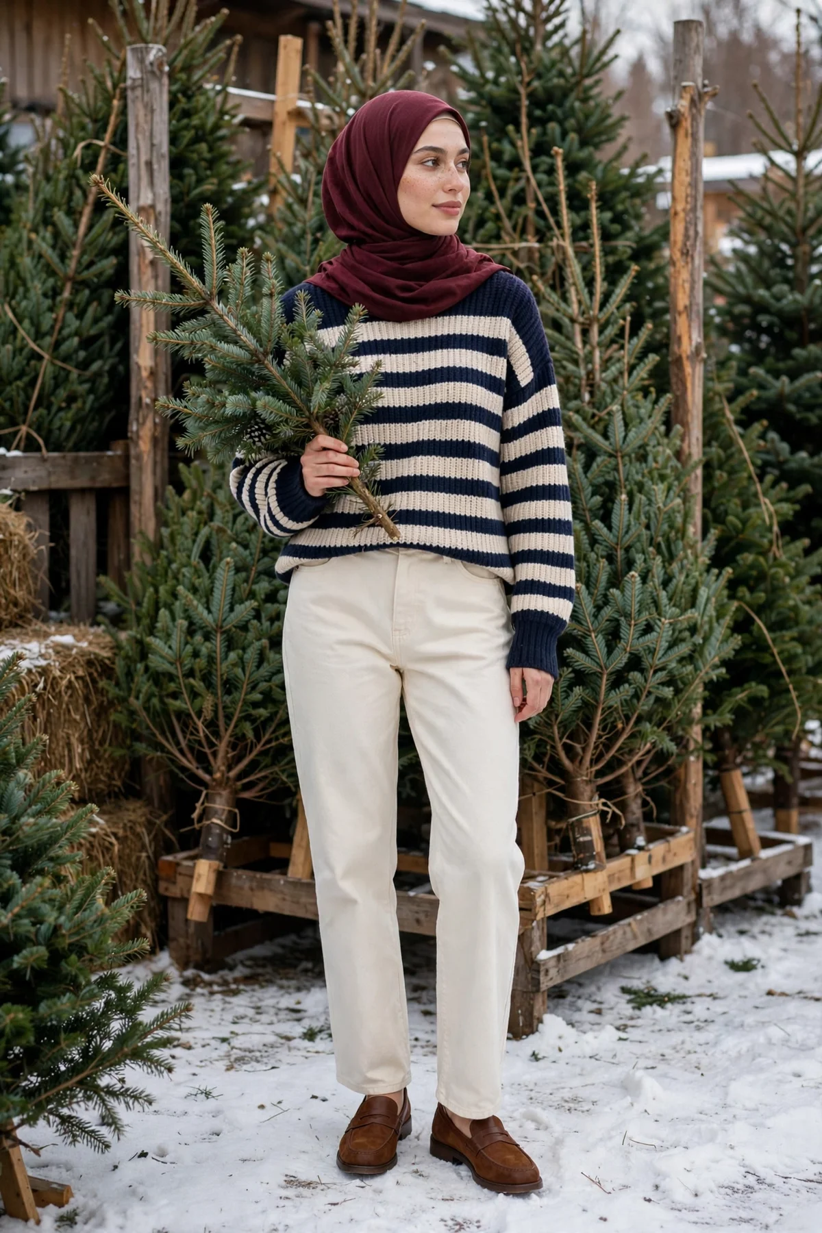 Hijabi woman in striped navy sweater, cream trousers and burgundy hijab at a Christmas tree stand