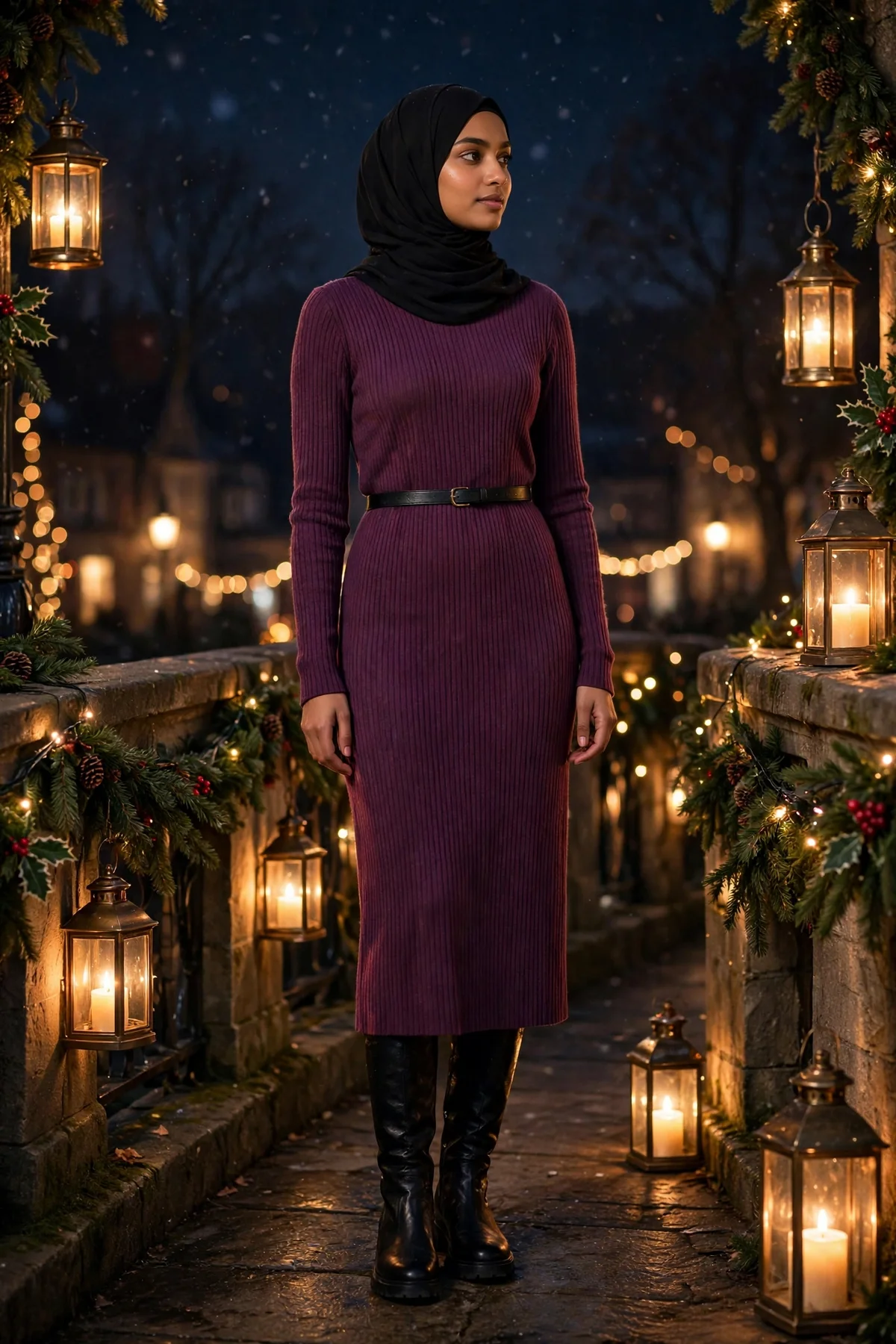 Woman in plum ribbed knit dress and tall black boots with hijab on a lantern-lit bridge