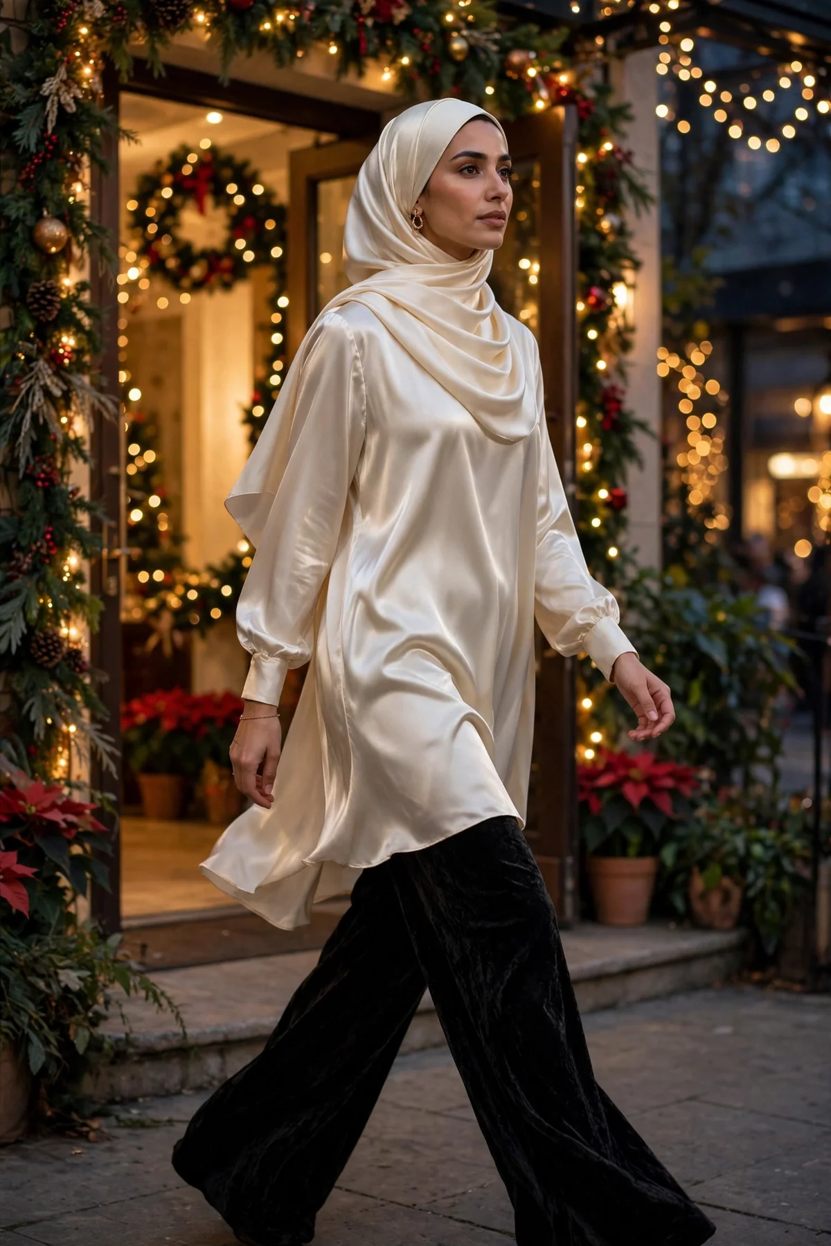 Hijabi woman in black velvet wide-leg pants and cream satin tunic heading to a Christmas party