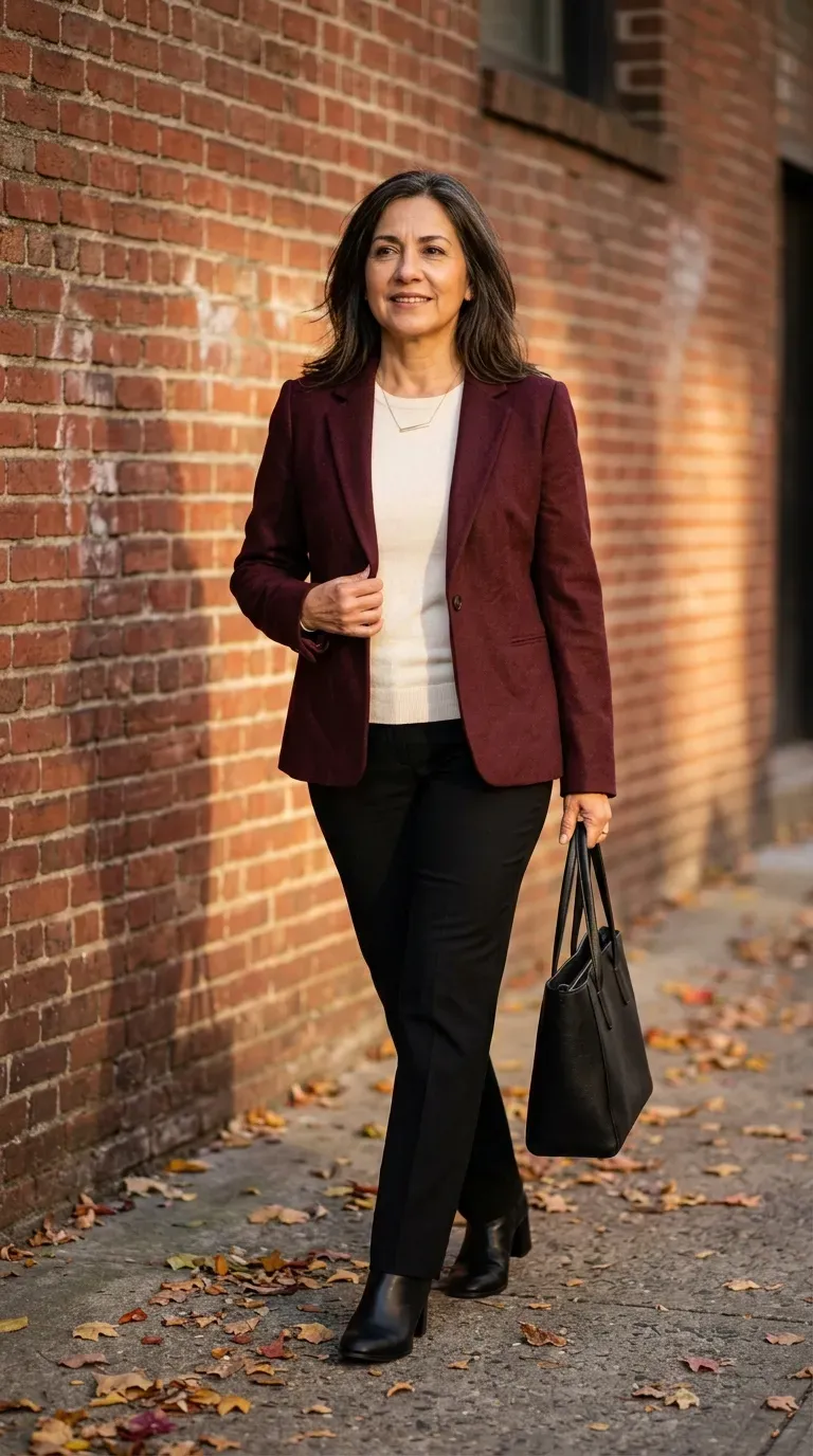 Woman over 50 in chocolate blazer, cream silk blouse and wide-leg trousers beside a Christmas tree