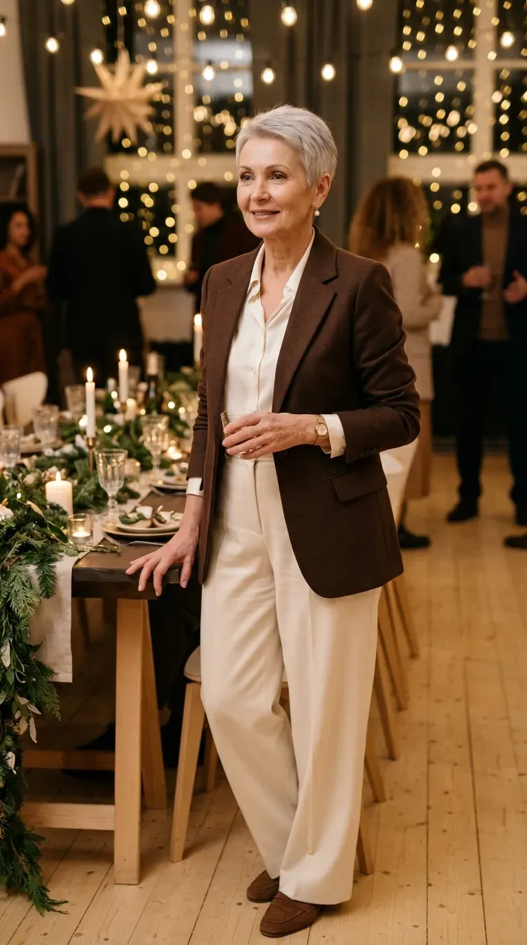 Woman over 50 in chocolate blazer, ivory silk blouse and wide-leg trousers at a party