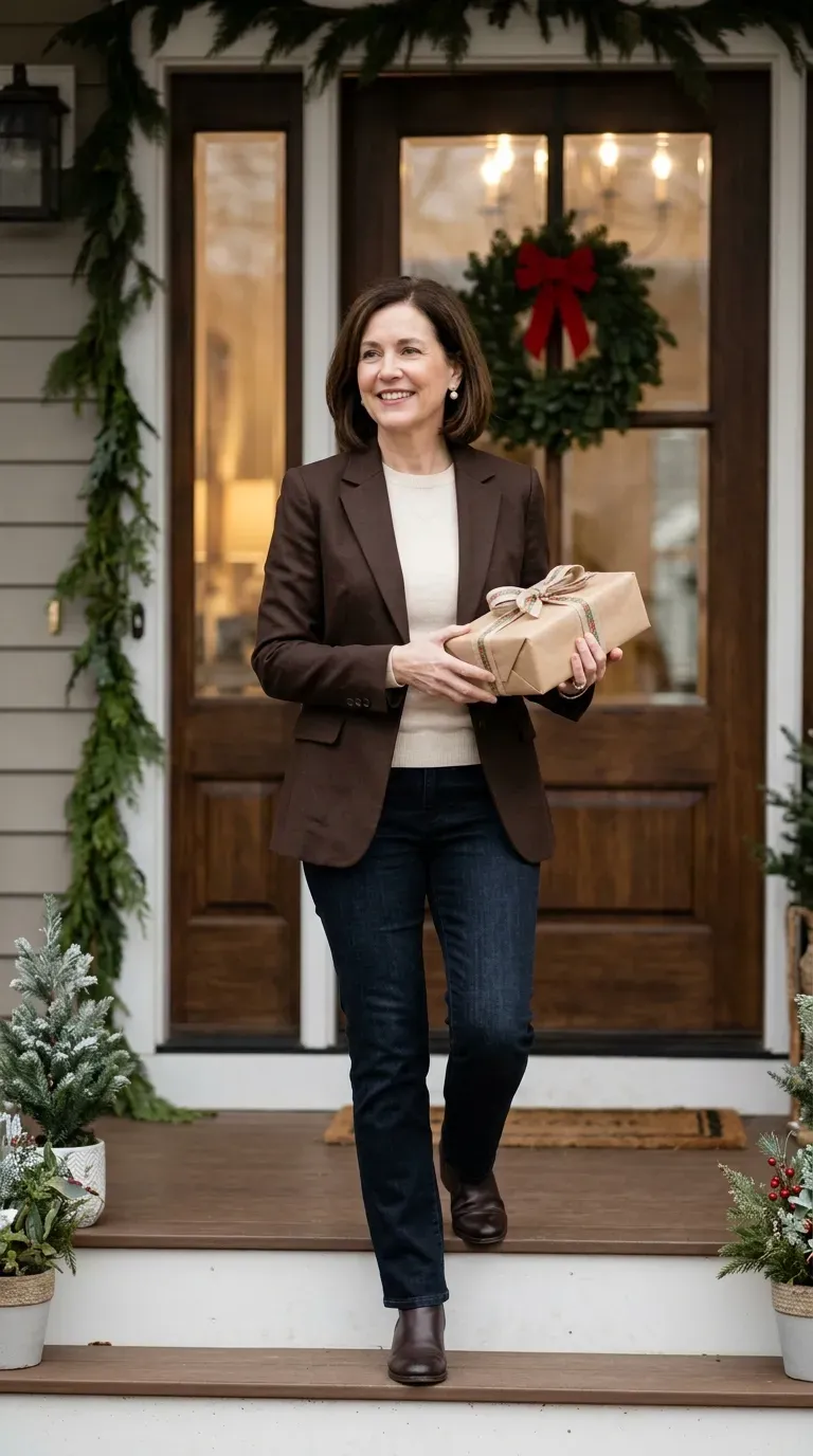 Woman over 50 in chocolate brown blazer, cream knit and dark jeans arriving for a family Christmas