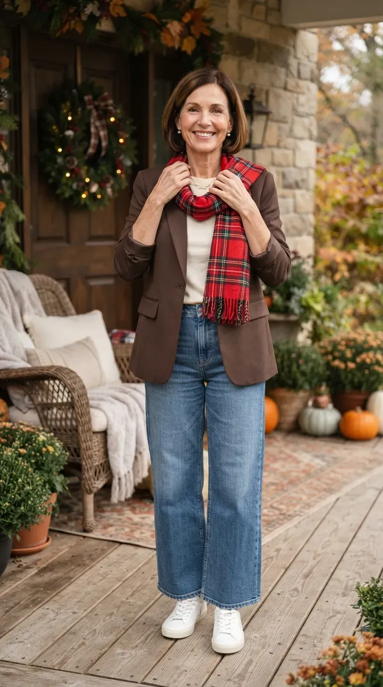 Woman over 50 in chocolate brown blazer, cream tee and wide jeans on a decorated porch