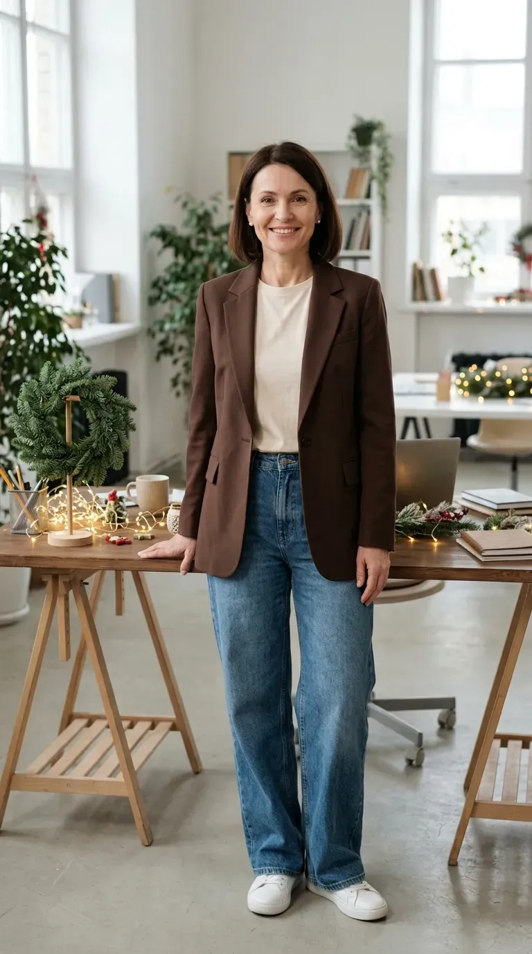 Woman over 50 in chocolate brown blazer, cream tee and wide-leg jeans at a casual work party