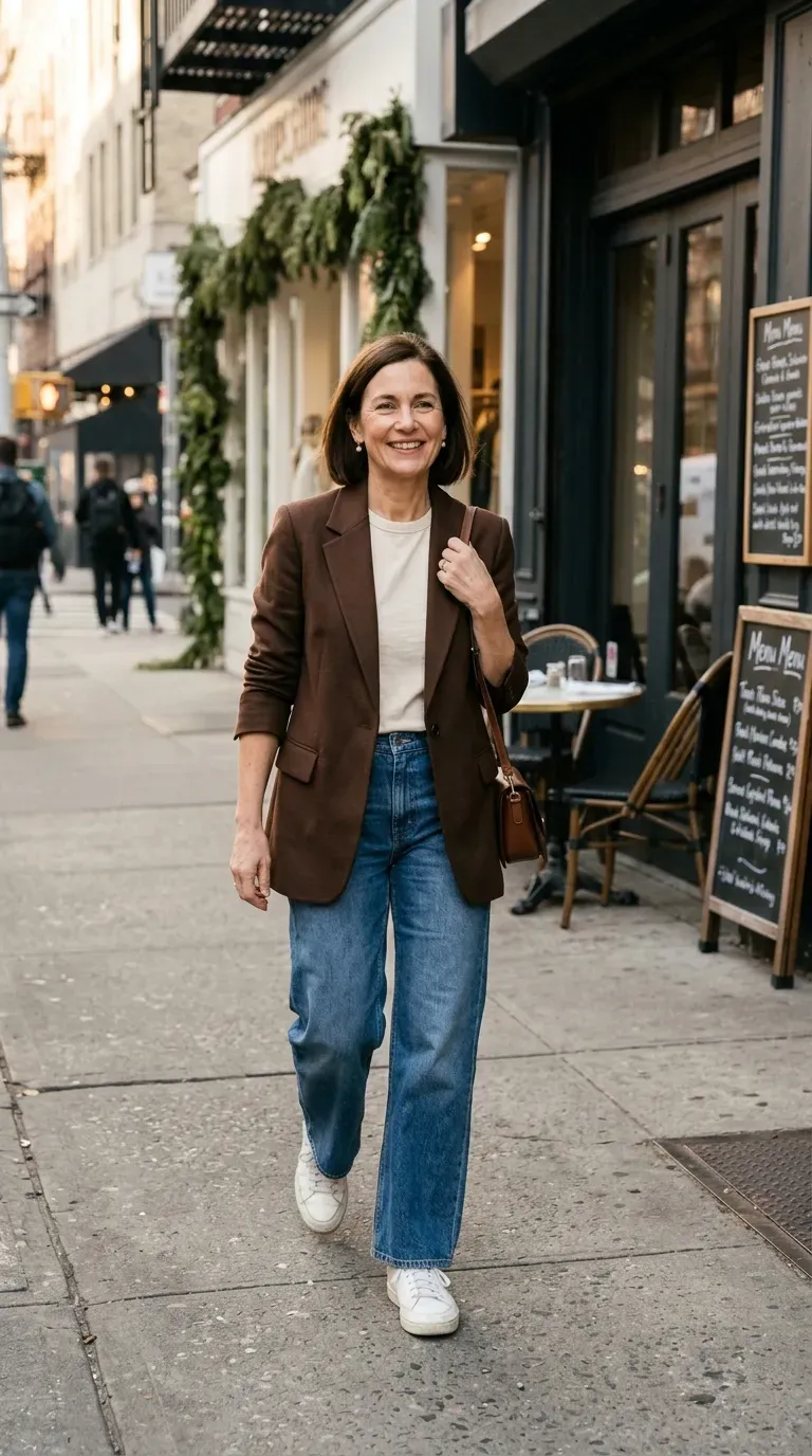 Woman over 50 in chocolate brown blazer, cream tee and wide-leg jeans near a restaurant