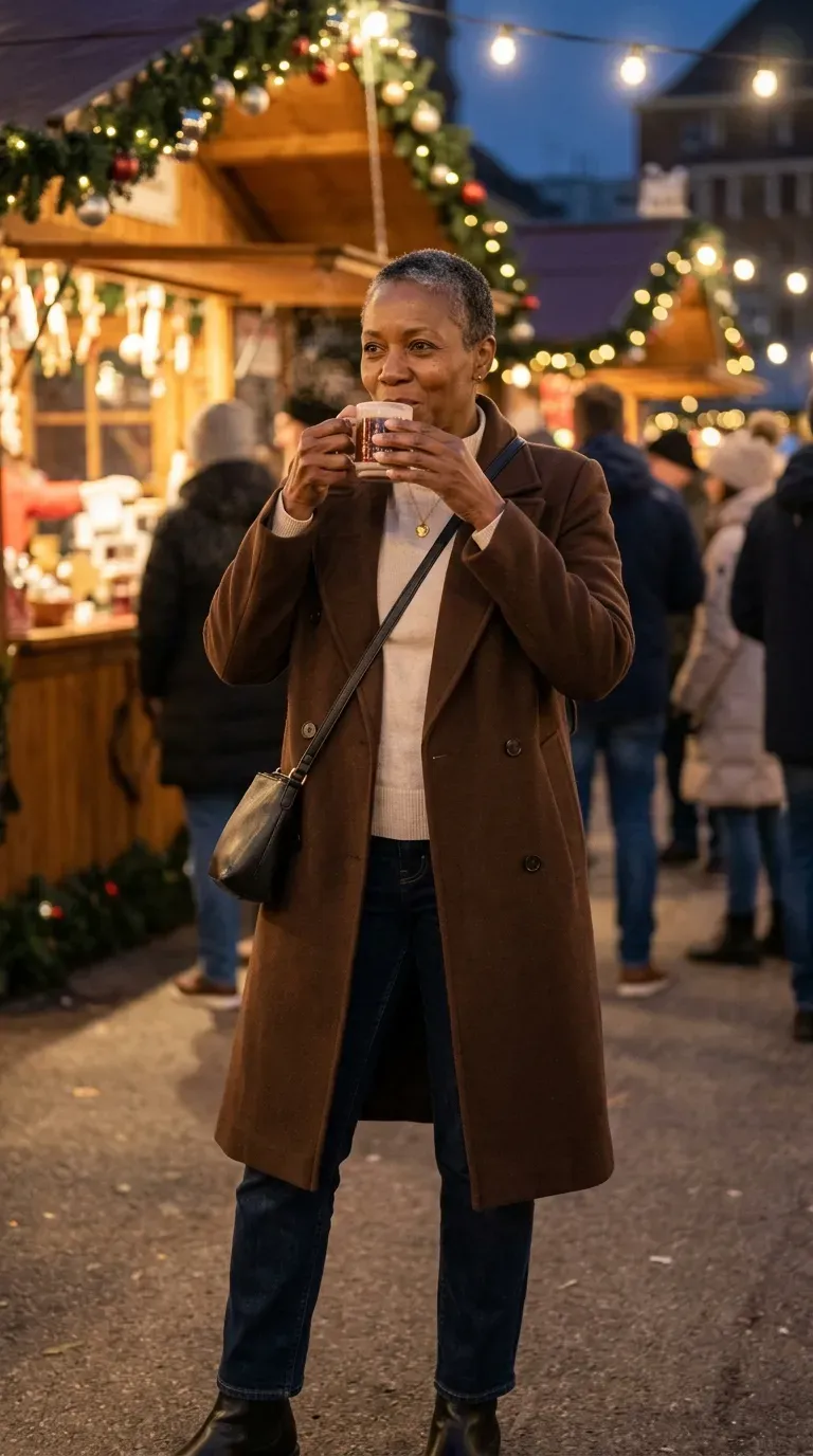 Woman over 50 in chocolate brown coat, cream sweater and Chelsea boots at a Christmas market