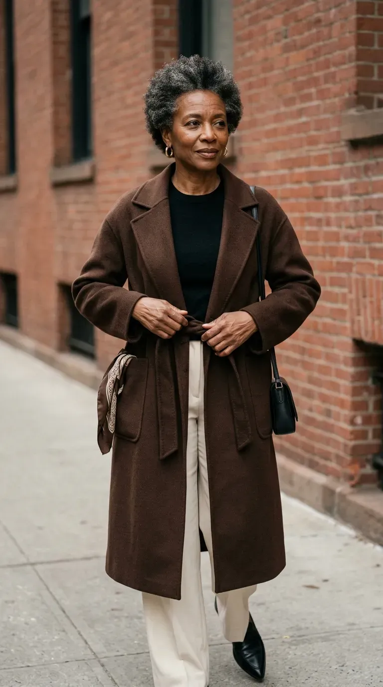 Woman in chocolate brown belted coat and cream wide-leg trousers beside a red brick wall