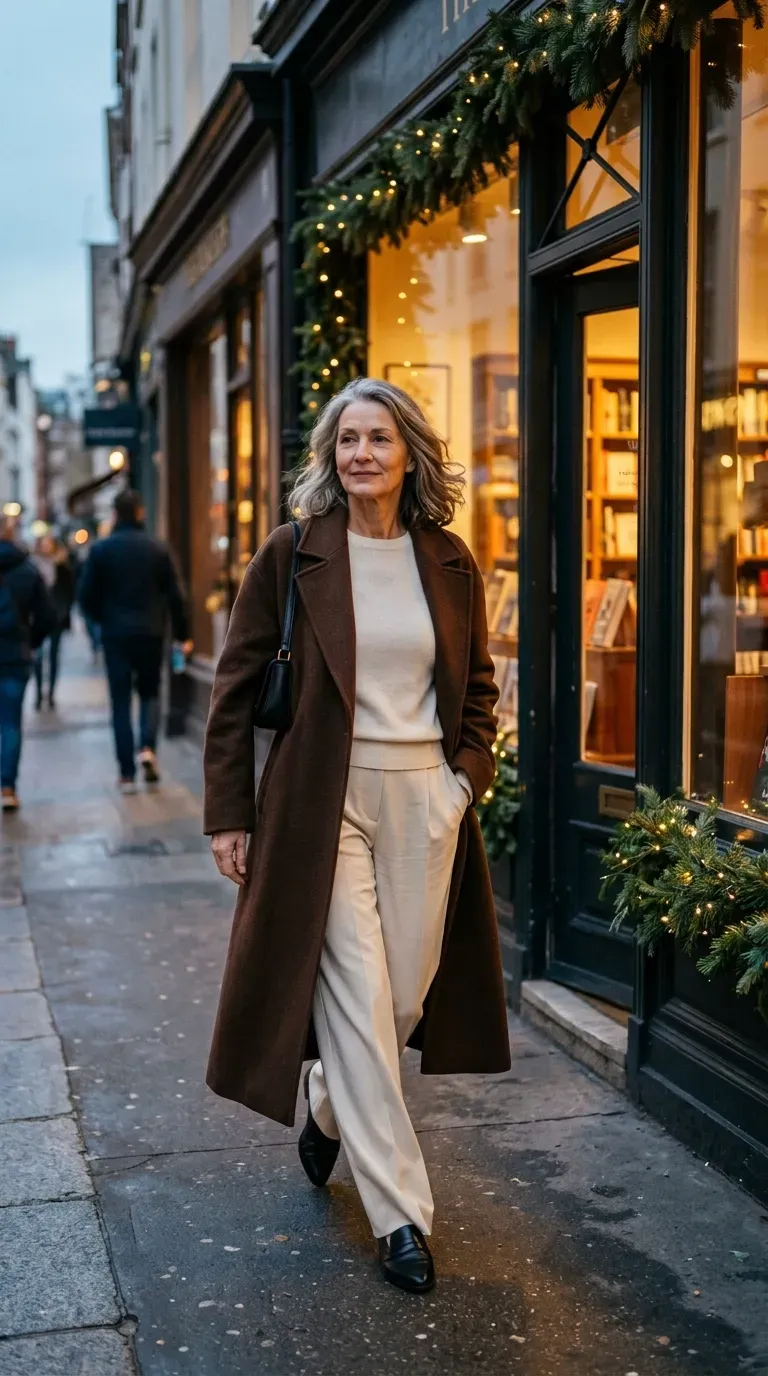 Woman over 50 in chocolate brown coat and cream wide-leg trousers beside a holiday storefront