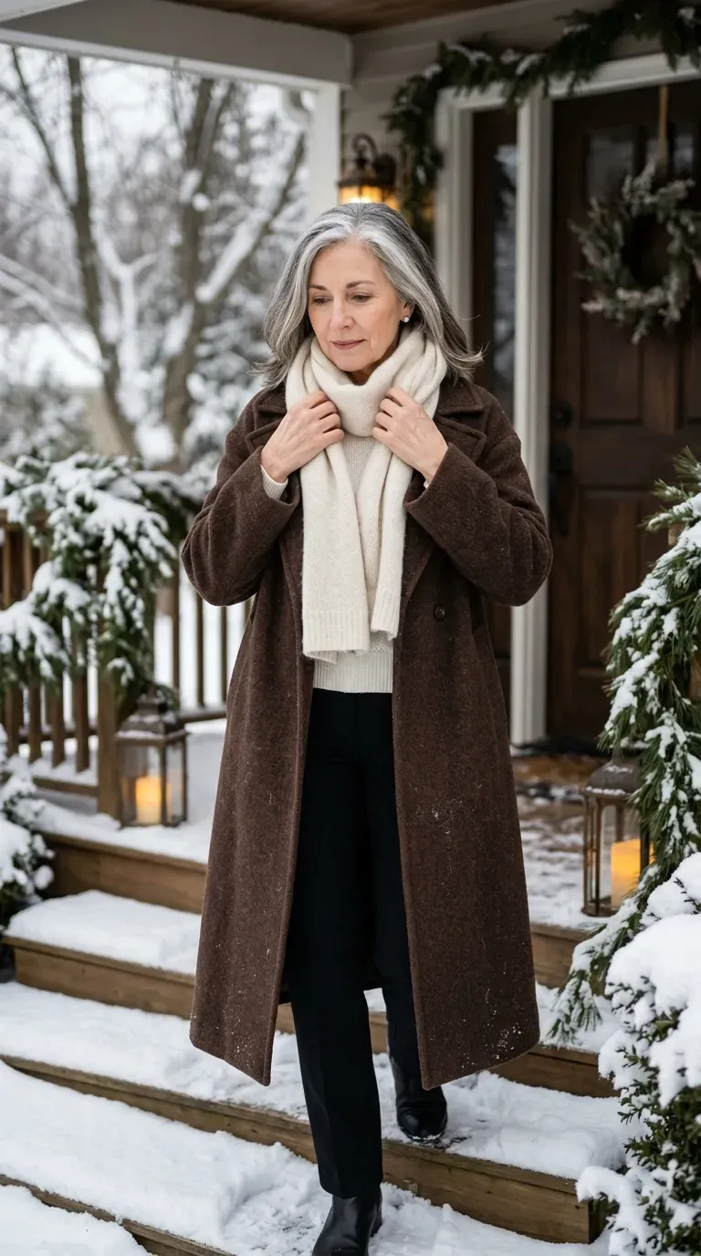 Woman over 50 in chocolate brown coat, ivory sweater and black trousers on a snowy porch