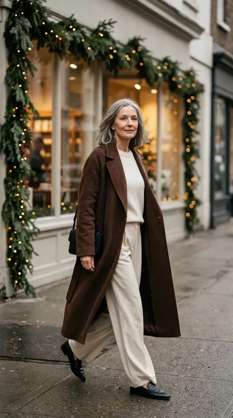 Woman over 50 wearing a chocolate brown coat with cream wide-leg trousers beside a holiday storefront