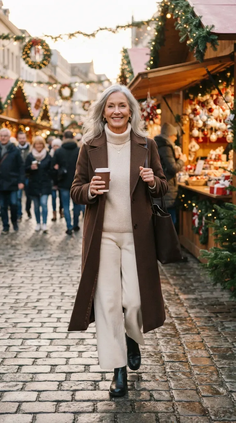 Woman over 50 in chocolate brown wool coat and cream wide-leg trousers on a Christmas market street