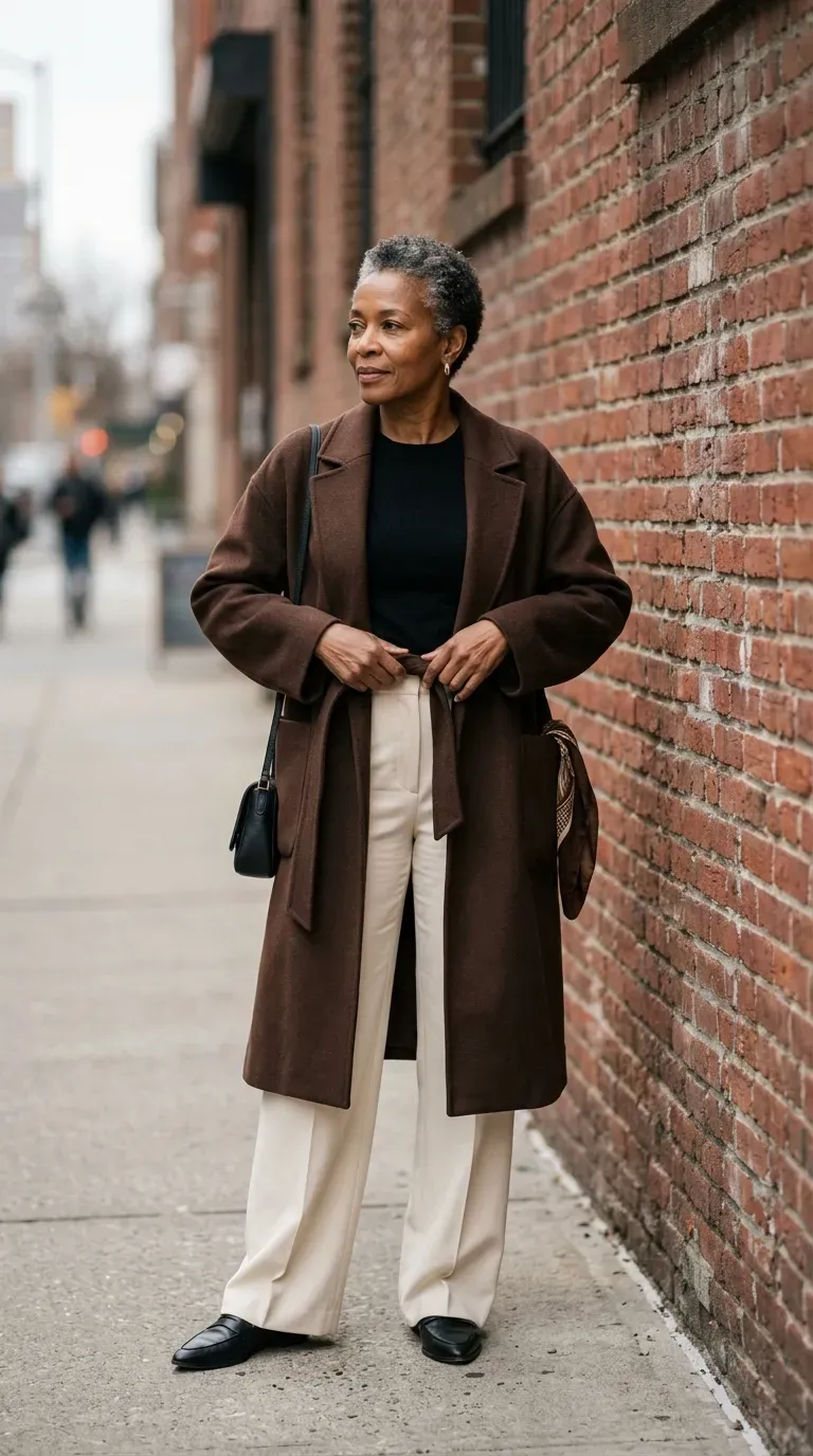 Woman in chocolate brown coat and cream wide-leg trousers glancing sideways beside a brick wall