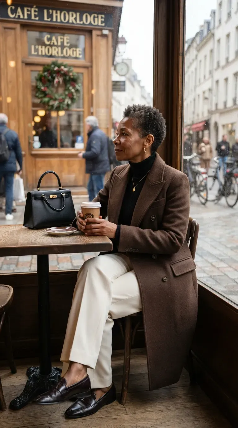 Woman over 50 wearing chocolate brown coat with cream wide-leg trousers outside a cafe