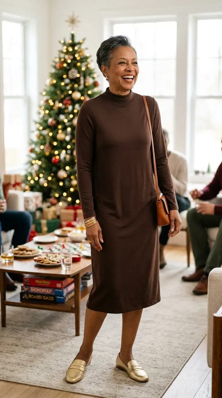 Woman over 50 in chocolate jersey mock-neck dress and gold loafers at a relaxed Christmas Day gathering