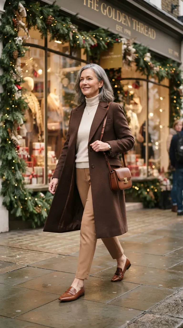 Petite woman over 50 in chocolate brown knee-length coat and tonal trousers beside a holiday storefront