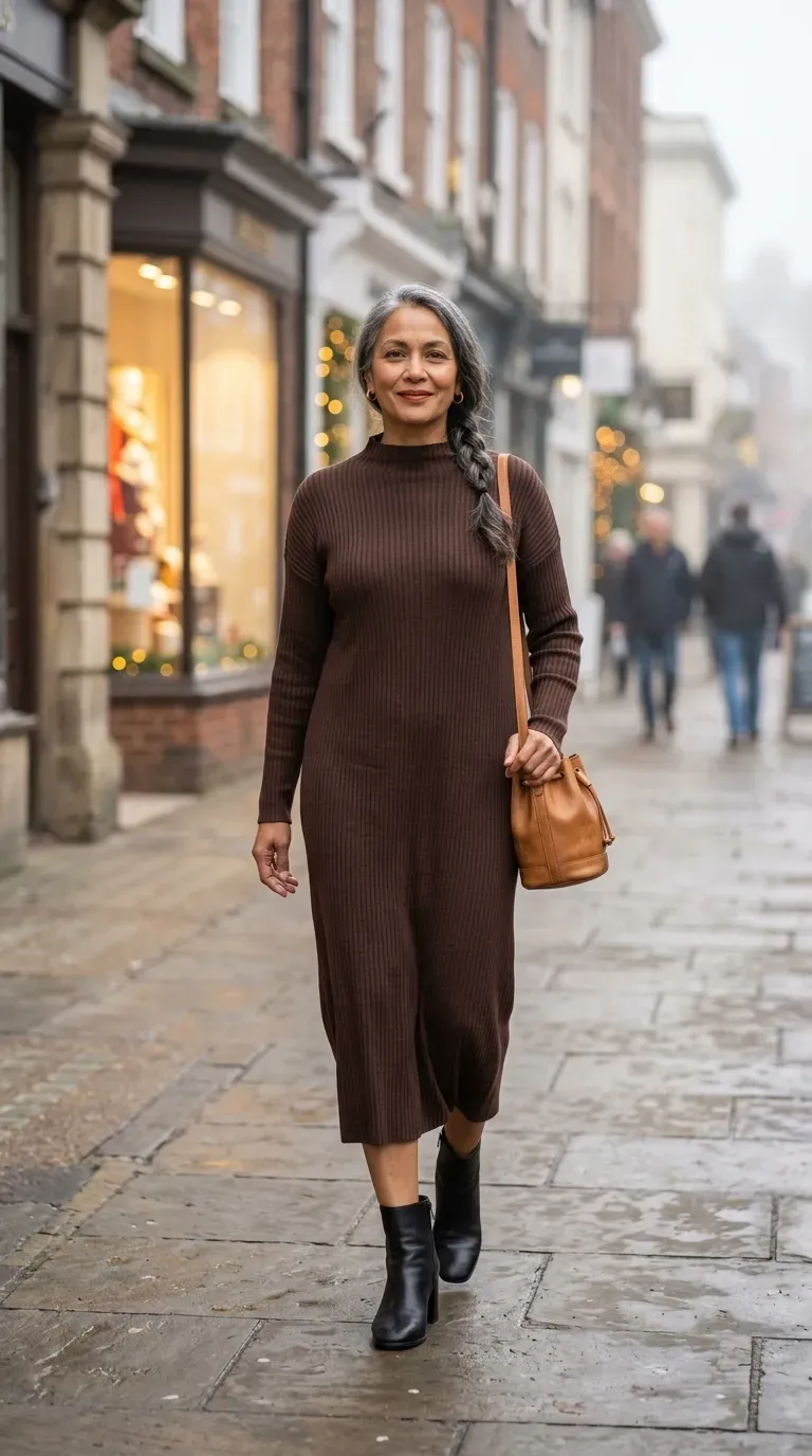 Woman over 40 in chocolate brown knit midi dress and black ankle boots on a winter city walk