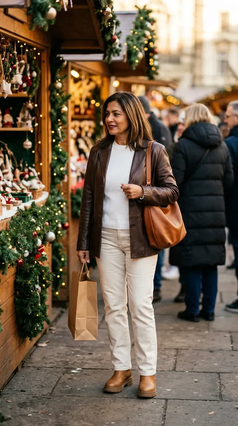 Woman over 50 in brown leather jacket and cream jeans at a Christmas market