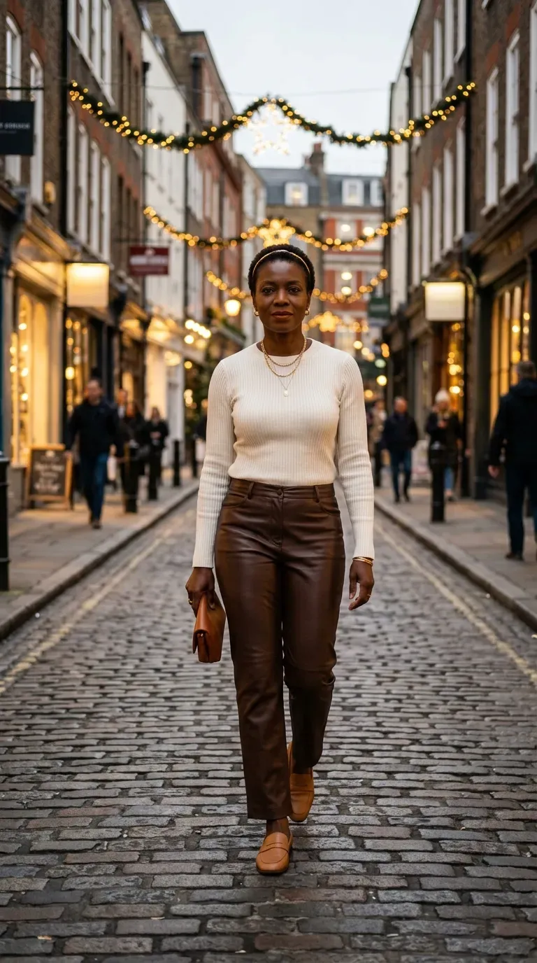 Woman over 40 in chocolate brown leather trousers and ivory knit on a winter evening street