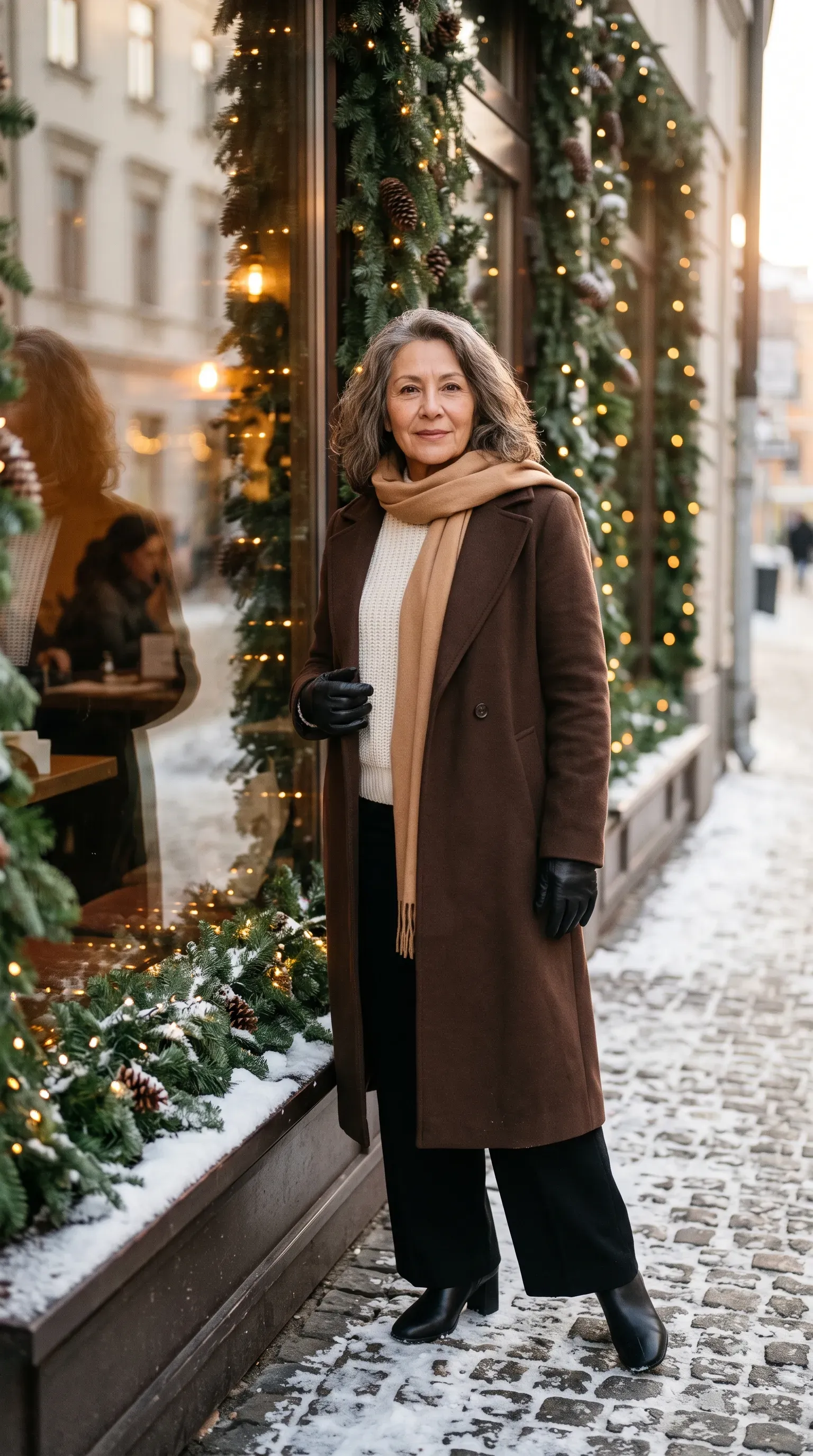 Woman in chocolate brown coat and black wide-leg trousers by a festive cafe window