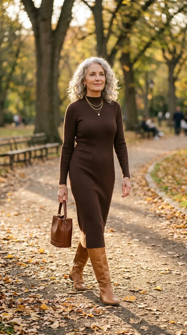 Woman over 50 in chocolate ribbed midi dress and tan knee-high boots on a leaf-lined path