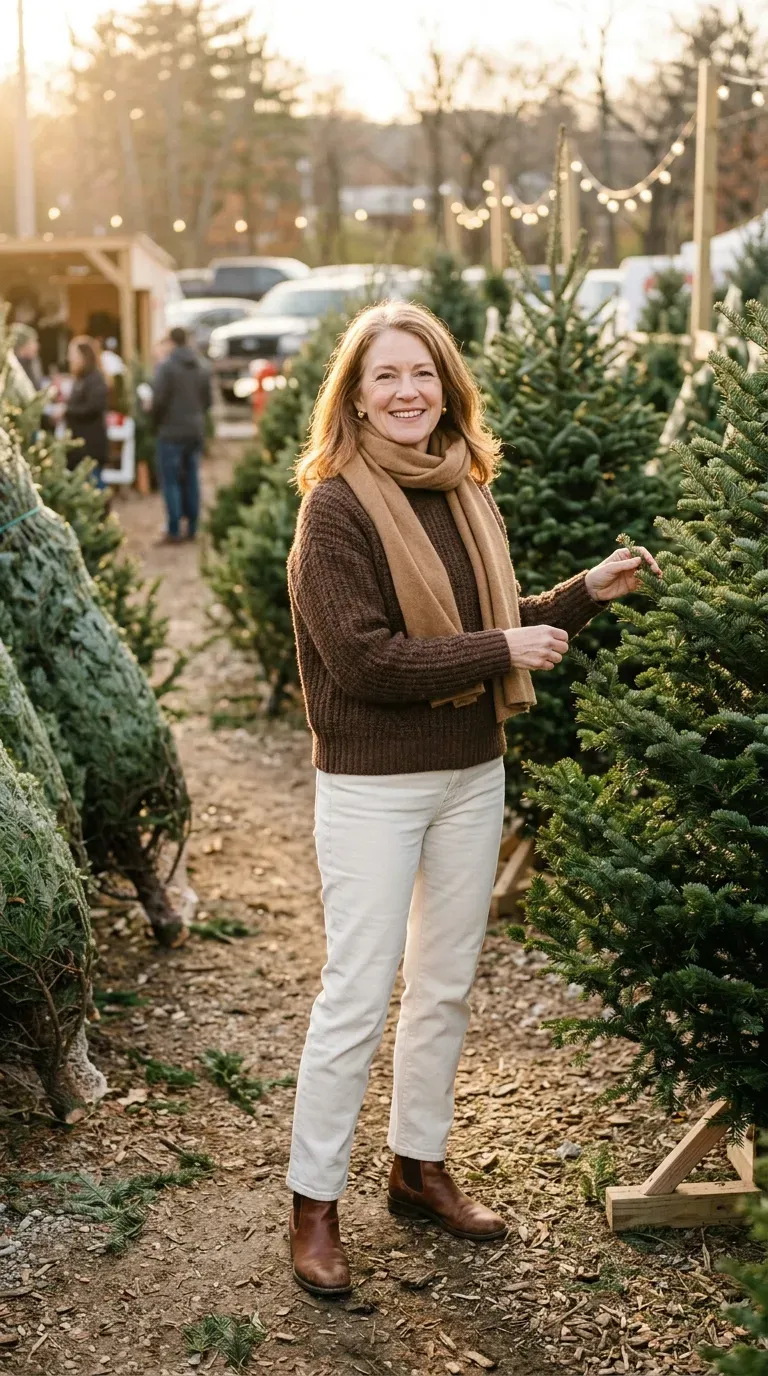 Woman over 50 in chocolate sweater, ecru jeans and brown boots at a Christmas tree lot
