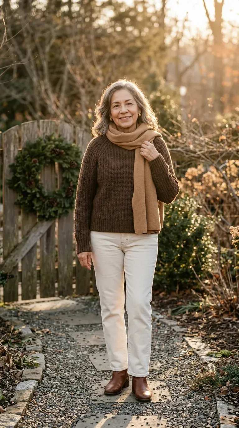 Woman over 50 in chocolate sweater, ecru jeans and tan boots for a Christmas card