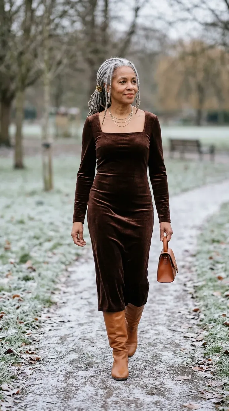 Woman over 50 in chocolate brown velvet midi dress and caramel knee-high boots at a Christmas gathering