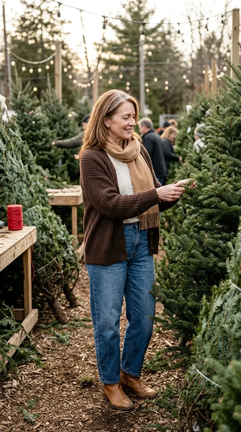 Woman over 50 in chocolate cardigan, cream tee and barrel jeans at a tree lot