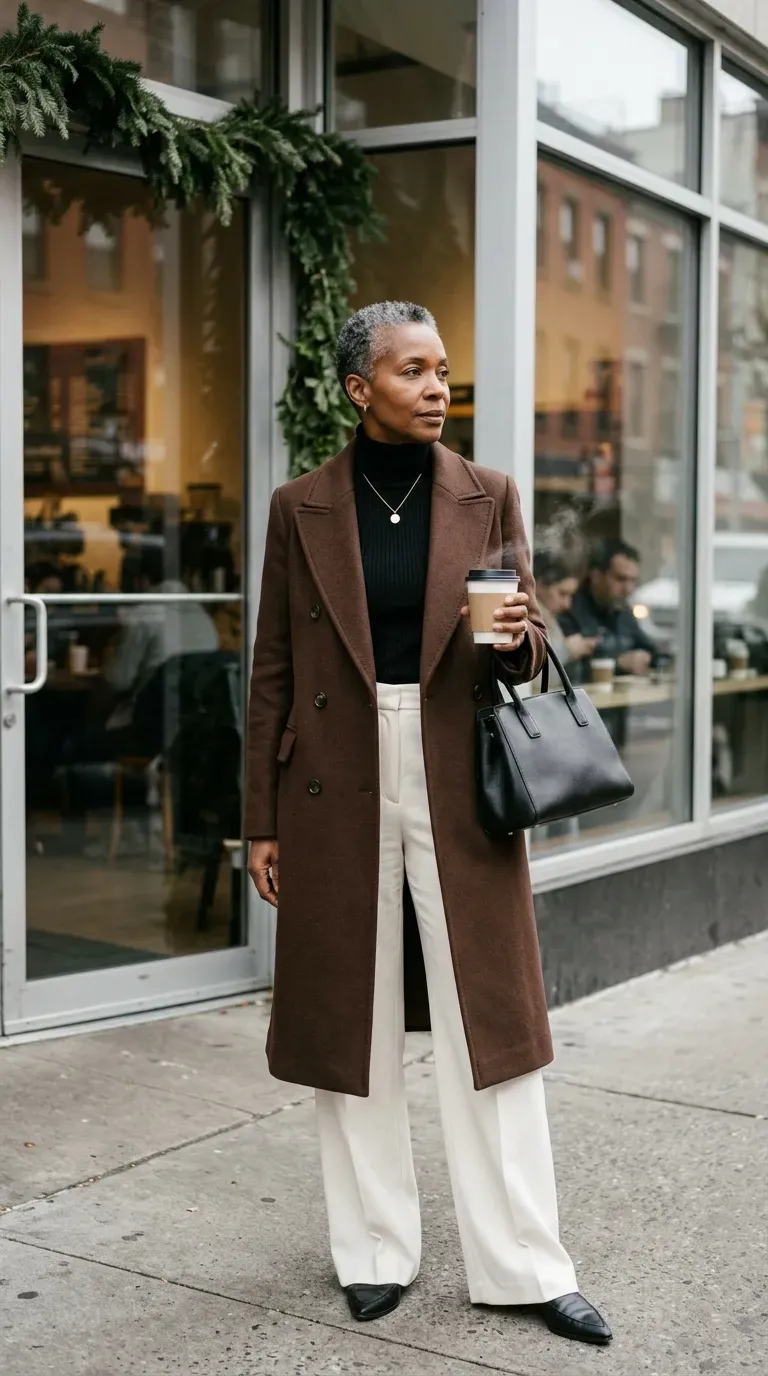 Woman over 50 in chocolate brown coat, black turtleneck and wide-leg trousers outside a cafe