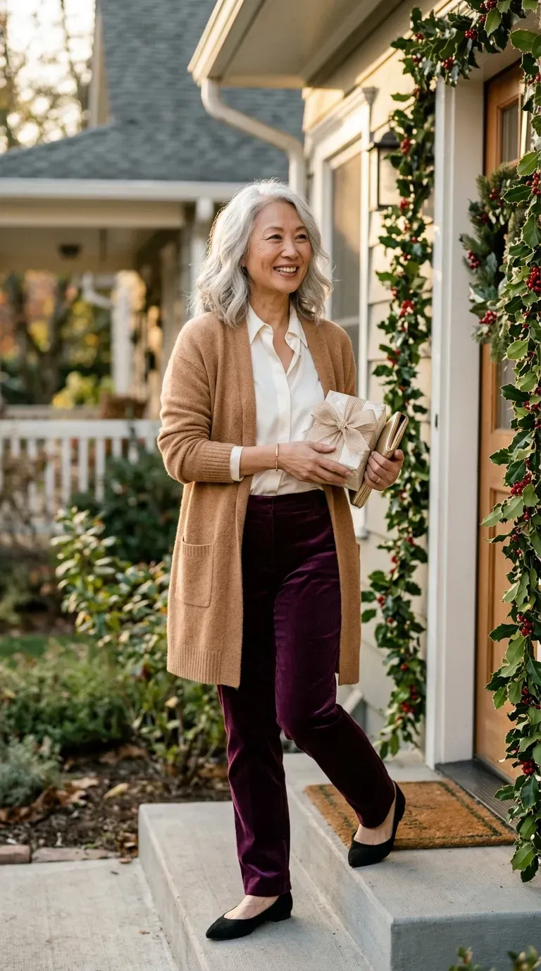 Woman over 50 in chocolate brown coat, cream knit and wide-leg jeans arriving to meet his family