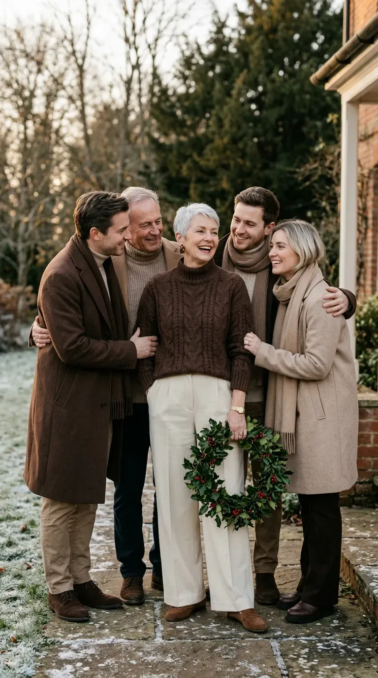 Woman over 50 in chocolate sweater and cream trousers for a coordinated Christmas family photo