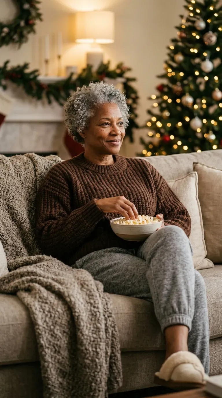 Woman over 50 in chocolate knit sweater, gray sweatpants and sherpa slippers for a movie night