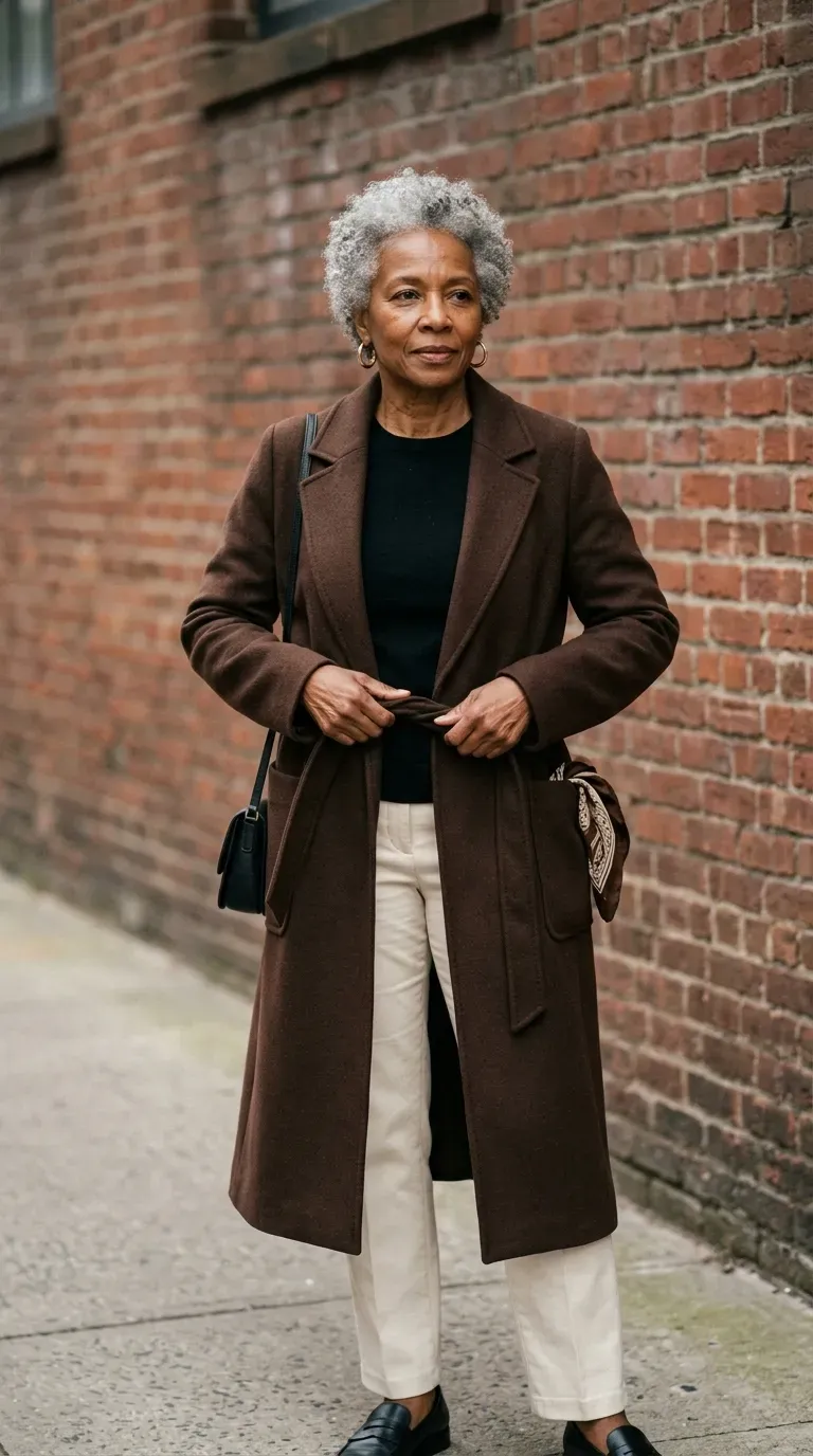 Black woman in a chocolate longline coat and cream trousers beside a red brick wall