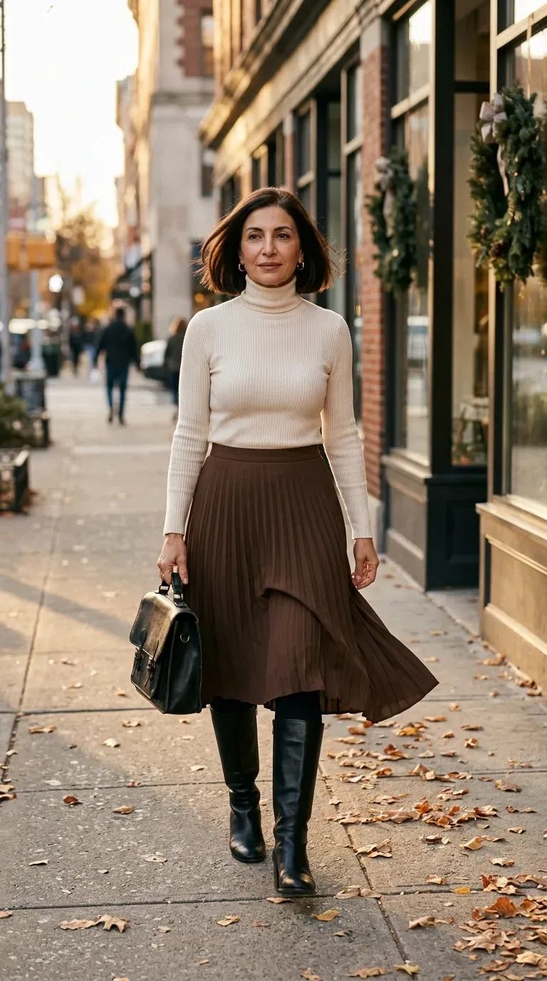 Woman over 50 in chocolate pleated skirt, cream turtleneck and tall boots on a city sidewalk